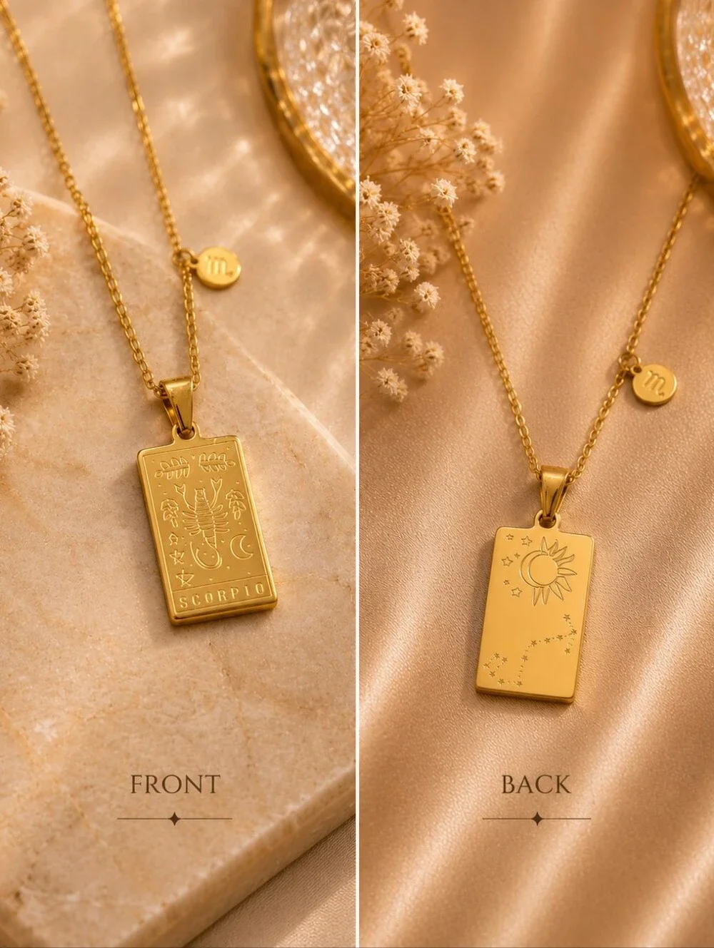 Scorpio Zodiac Tarot Card Necklace 18K Gold Plated Titanium Steel Double-Sided - Picture 3 of 10